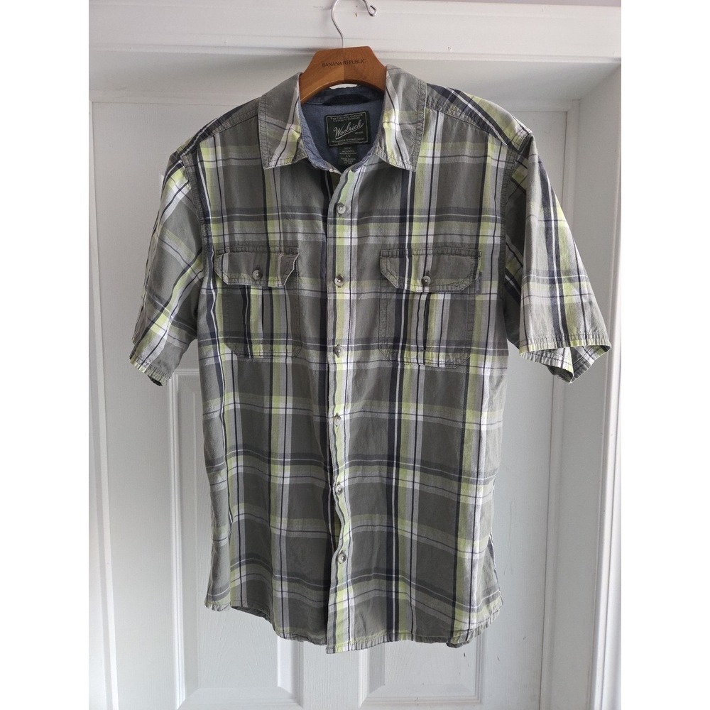 Woolrich‎ Shirt Mens Size L Yellow Gray Plaid Short Sleeve Cotton Button Up